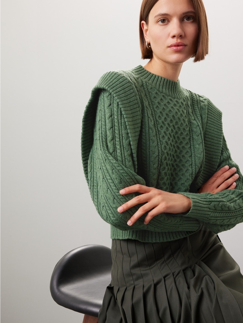 Peter Som Olive Green Cable Knit Crewneck Sweater